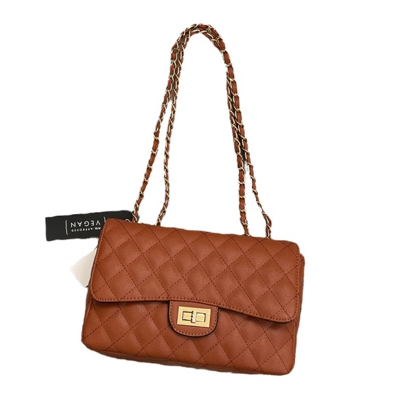 NWT caramel brown vegan leather quilted flap bag with gold chain strap - Picture 2 of 9